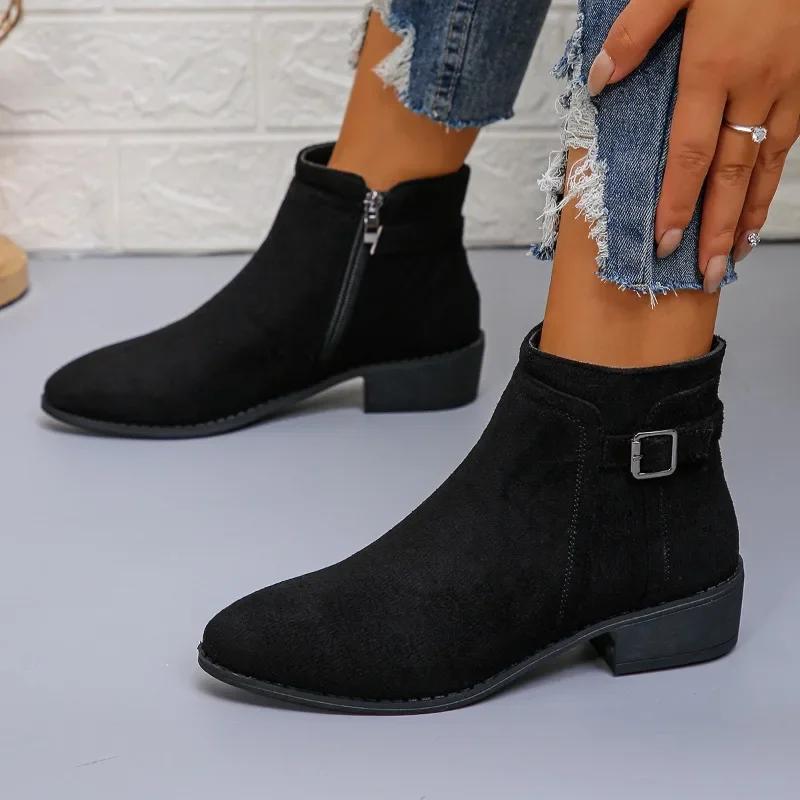 2024 Hot-selling Women's Single Boots New Style Medium Heel Pointed Toe Buckle Fashion Boots Fashionable Temperament Short Boots