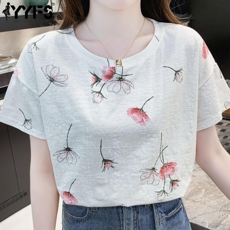 YYFS Женские модные повседневные летние весенние блузки и рубашки с цветочным узором и коротким рукавом с круглым вырезом