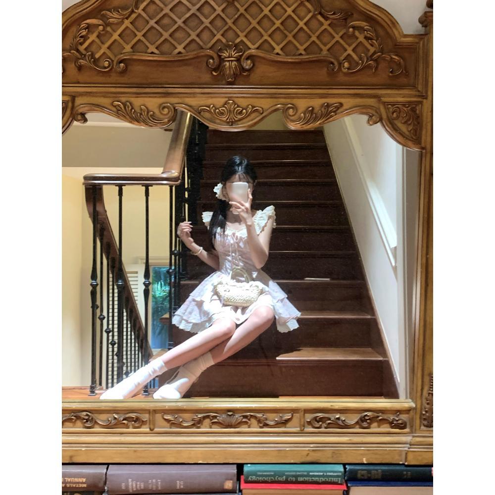 New Elegant Floral Dress Women's Small Flying Sleeves Lace Cake Princess Fluffy Short Skirt Summer Sweet and Cute