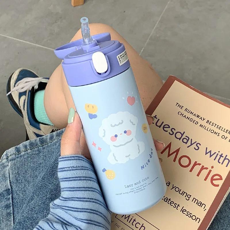 380ML Stainless Steel Thermos Vacuum Flask Cute Cartoon Thermal Water Bottle For Girls Insulated Straw Cups Tumbler Drinkware