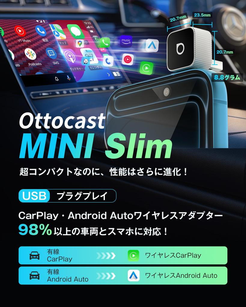 OTTOCAST MINI Slim, Autocast Mini CarPlay & Android Auto Wireless Adapter, 2025 Newest Model,