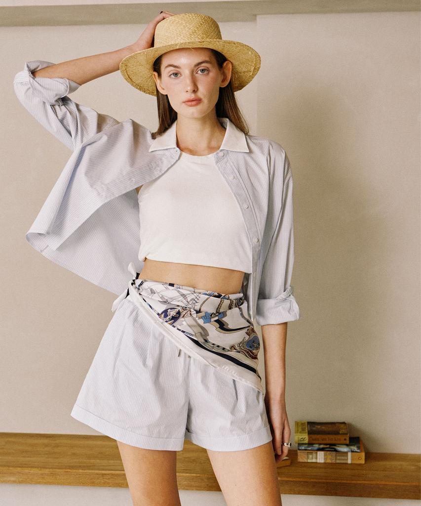 PADO SEOUL Women'S Elastic Waist Shorts Blue Stripe