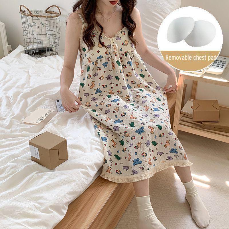 Ночная рубашка из хлопка с цветочным принтом и съемной подкладкой, с кисточками