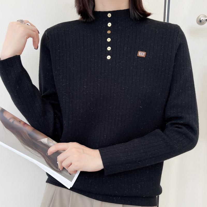 IHUASU Thickened One-piece Velvet Button Jumper Women's Autumn and Winter Half-high Neck Warm Knitted Bottoming Shirt with A Hundred Tops