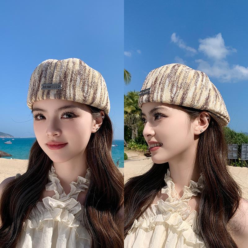 Летняя женская ретро полосатая шляпа художника, подчеркивающая лицо, маленькая, модная, универсальная кепка, высокая, с козырьком, берет