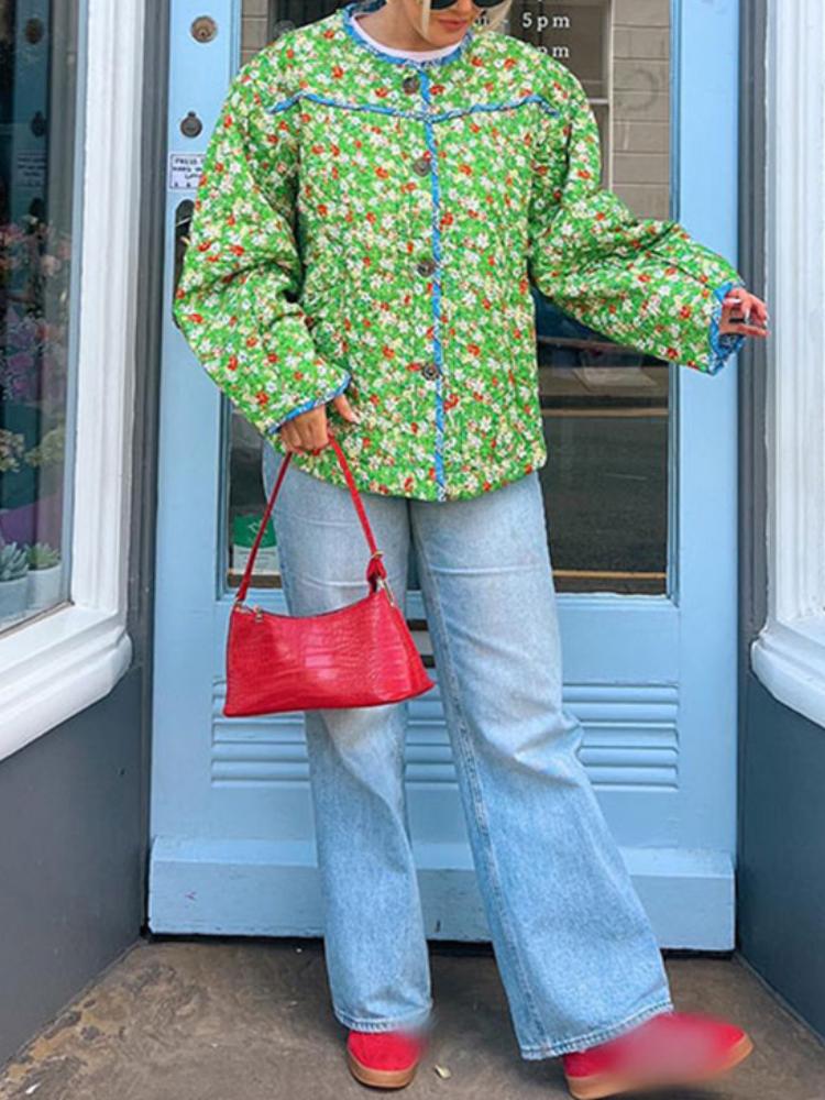 New Floral Printed Long Sleeve Jacket Women Round Neck Contrasting Colors Button Pockets Clothing Ethnic Harajuku Vintage Quilted Cotton Coats
