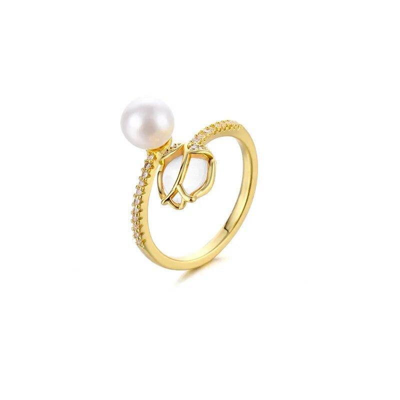 Модное кольцо с жемчугом и кристаллами тюльпана и розы для женщин, модные креативные кольца с опалом и цирконом на палец, вечерние свадебные украшения, подарки