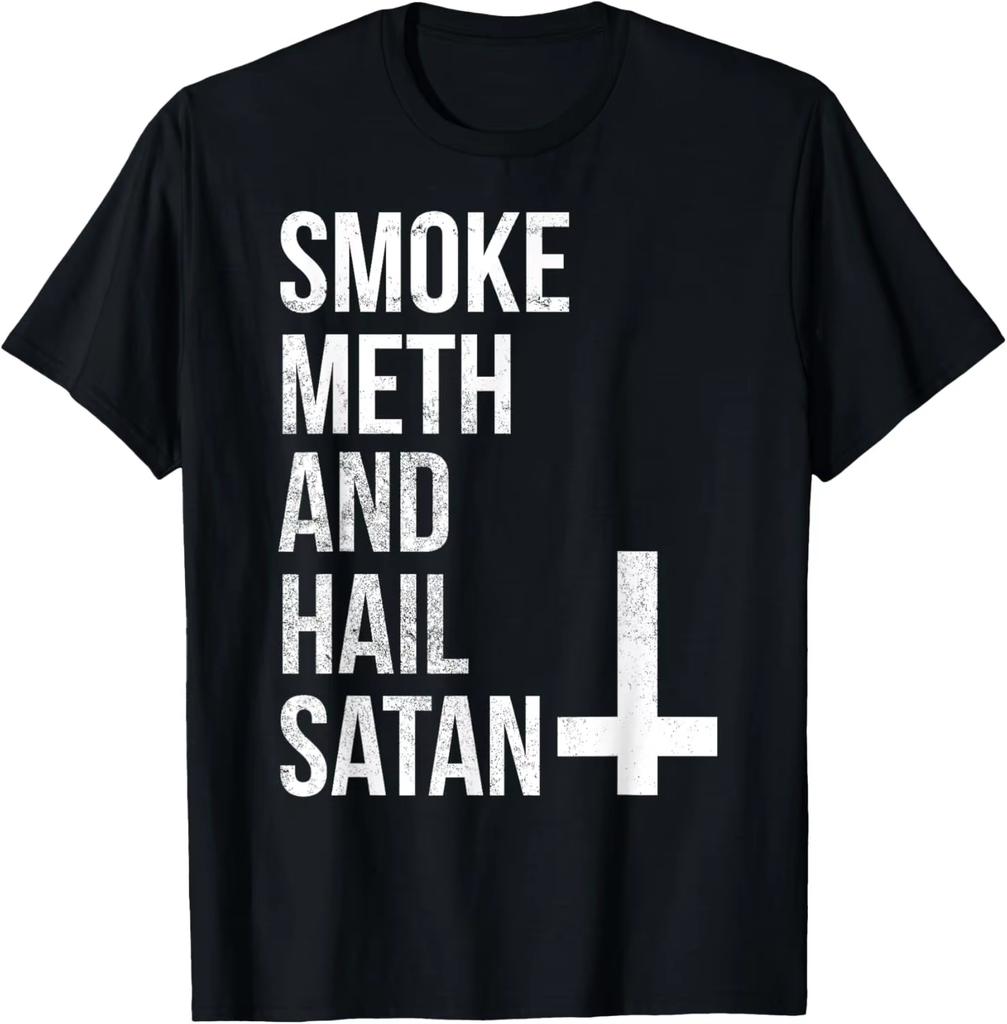 Smoke Meth Hail Satan T Shirt Funny Religious Spoof T-Shirt Custom Printed Graphic T Shirts Print on Demand Camiseta Hombre