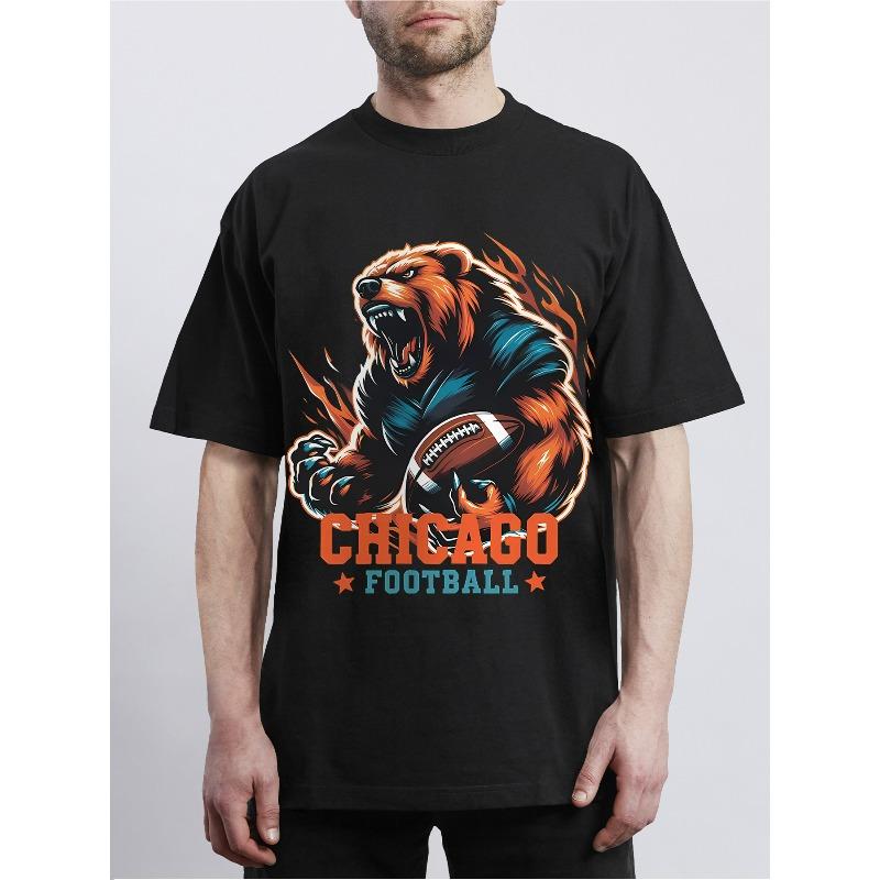 Европейские размеры Мужская футболка с графическим принтом Chicago Football Bear, Повседневная и удобная, С коротким рукавом, Для любого сезона