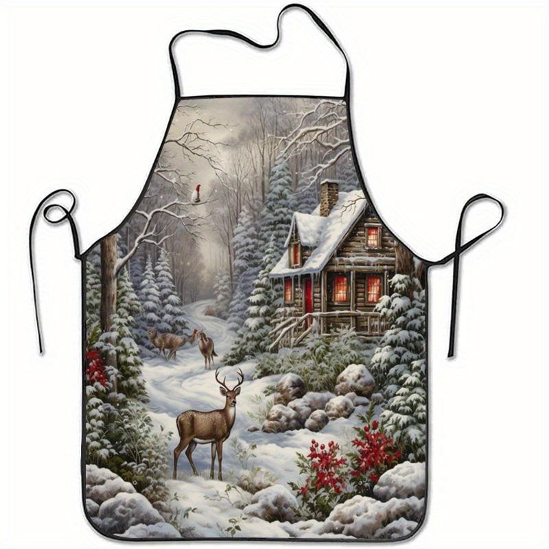 1pc Winter Scene with Cabin & Deer Printed Sleeveless Polyester Apron - Ideal for Home Decor, Kitchen Baking, and Work, Polyeste