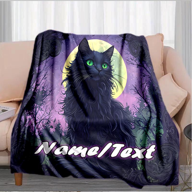 1PC Custom Name Black Cat Moon Night outdooor Flannel blankets Throw Blanket All-Season Throw Gift Bedspread for Couch, Bed, Camping Holiday Birthday 