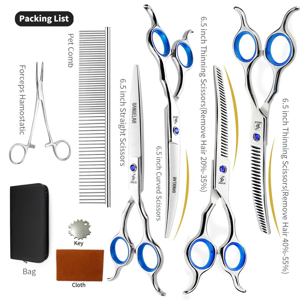 SANGELAR Профессиональный набор для ухода за домашними животными длиной 6,5 дюйма, прямые и изогнутые ножницы, 2 филировочных ножницы (20%-55%), Кровоостанавливающий зажим, расческа и премиум-кейс