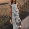 Ladies Elegant French Sleeveless Dress High Slit Round Neck Flared Hem Casual Semi Formal Outfit Simple Fashionable Style