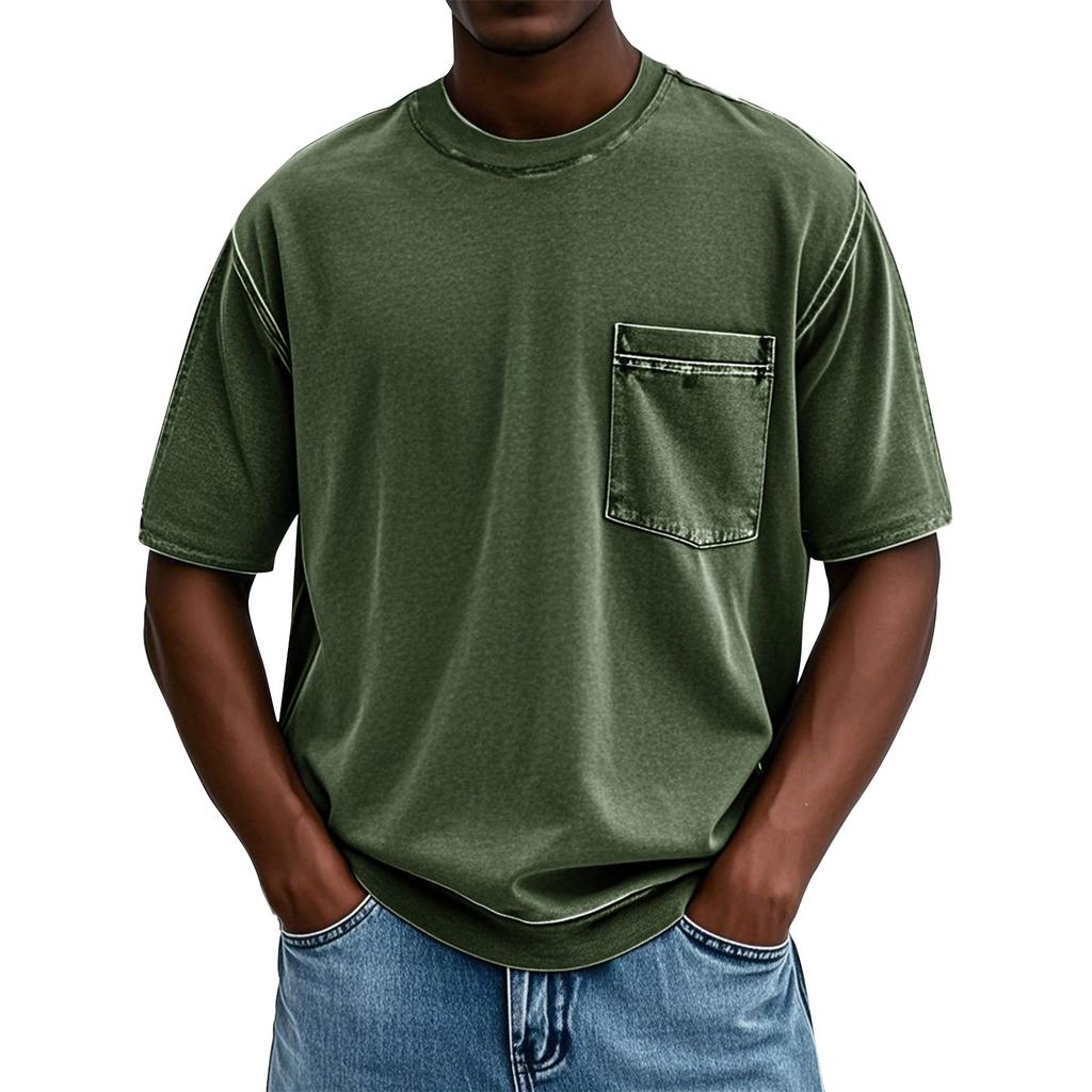 Men's Summer Solid Color Round Neck Loose Pocket Short Sleeve Top