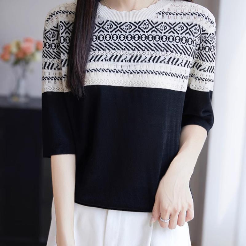 A New French Design Striped Color-blocking Round-neck Mid-sleeved T-shirt for Women's Summer, A Fashionable, Casual and Elegant Pullover