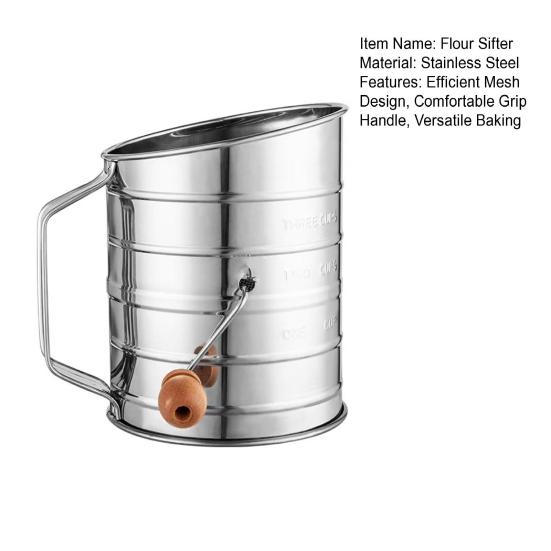 Просеиватель муки из нержавеющей стали, 3 стакана, мелкоячеистое вращающееся сито для выпечки