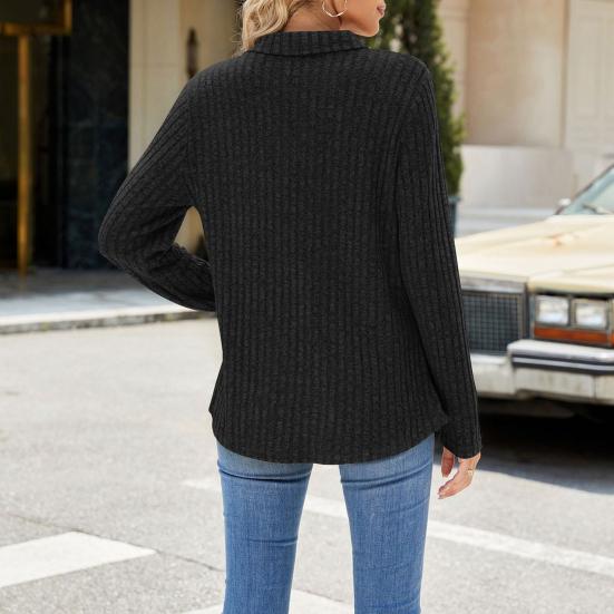 Женский свитер с V-образным вырезом и лацканами, нагрудный карман, длинный рукав, однотонный трикотажный топ в рубчик, повседневный