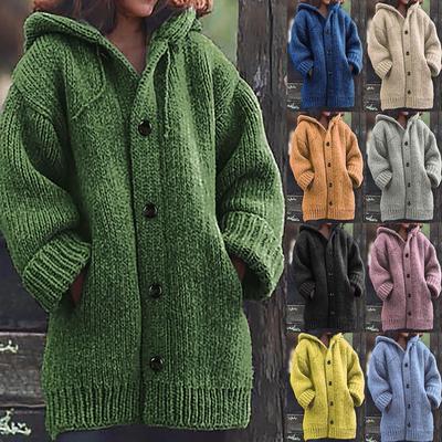 Женская повседневная теплая свободная толстовка с капюшоном на пуговицах, вязаный джемпер, длинные топы, блузка, свитер