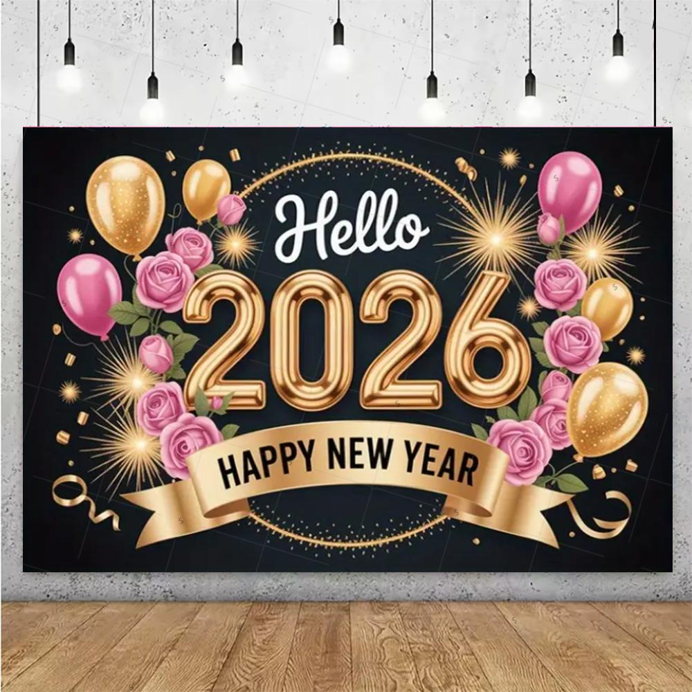 Glittering 2026 Happy New Year Backdrop Supplies Firework Ribbon Balloon Background New Year Party Decoration Photo Shoot Props