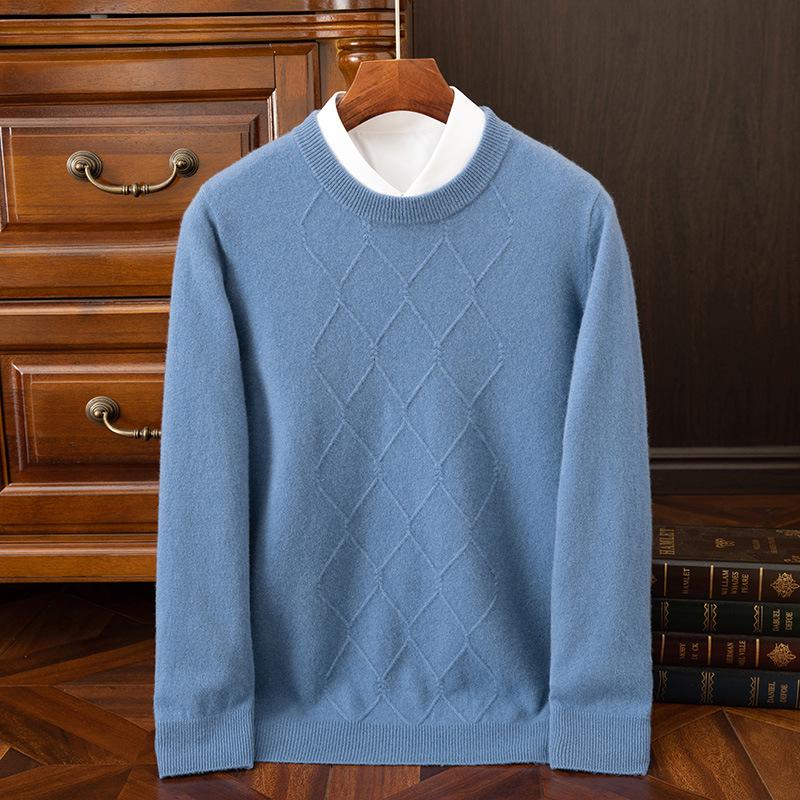 Мужской кашемировый свитер с ромбовидным узором, круглым вырезом - Business Casual, с длинным рукавом, теплый, однотонный пуловер.