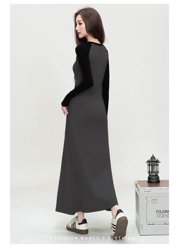 Color blocked hip dress 2025 autumn style gentle and sweet style long sleeved slim fit dress long skirt