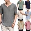 Retro Men Plus Size Linen Rhombus Patchwork Short Sleeve V Neck T-Shirt Top