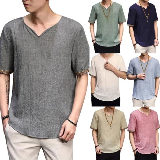 Retro Men Plus Size Linen Rhombus Patchwork Short Sleeve V Neck T-Shirt Top