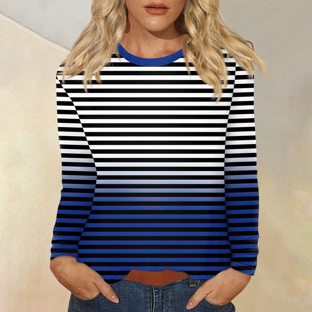 Женский повседневный топ с круглым вырезом и длинными рукавами в полоску с принтом