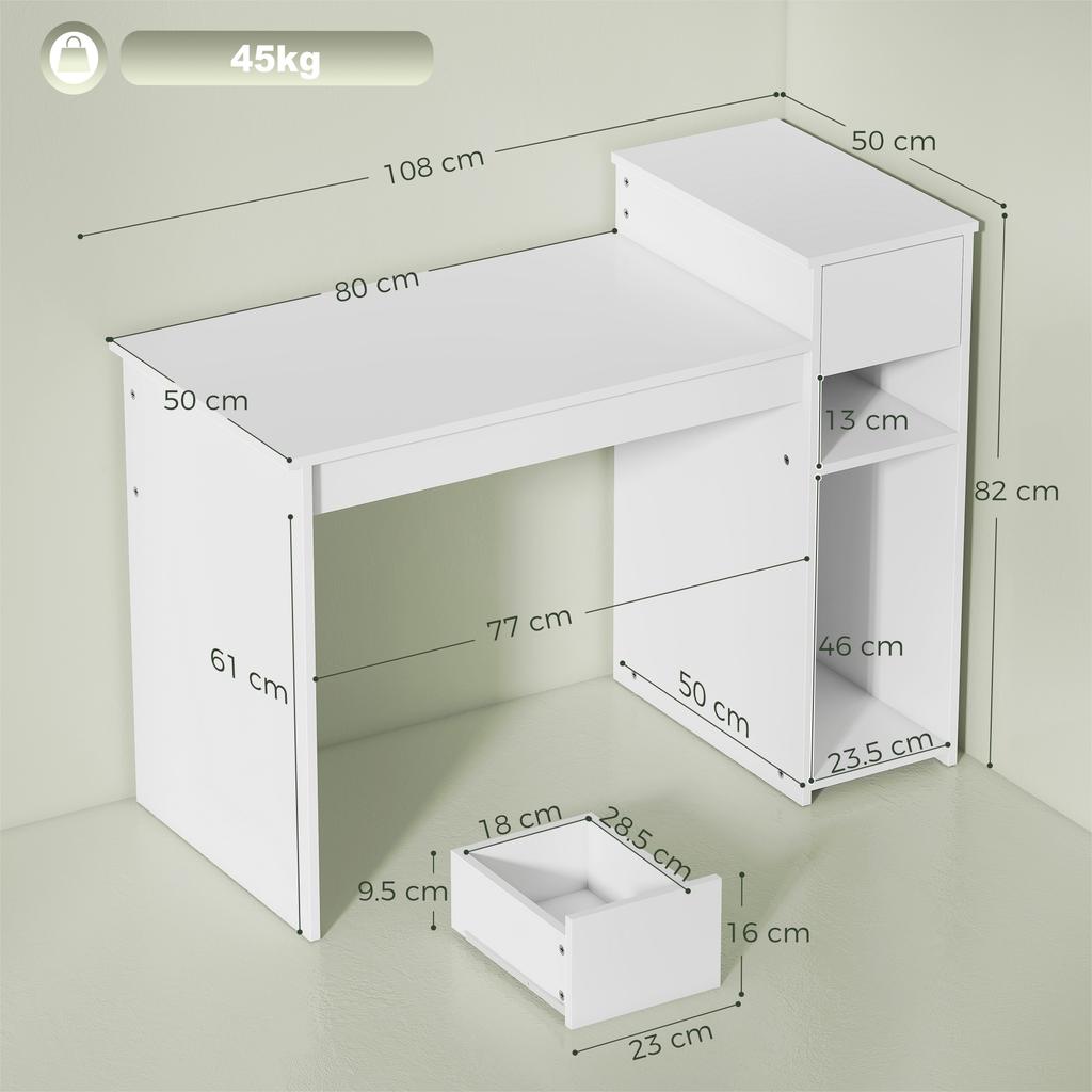 Space-Saving Modern Desk with Drawer 108x50x82cm White