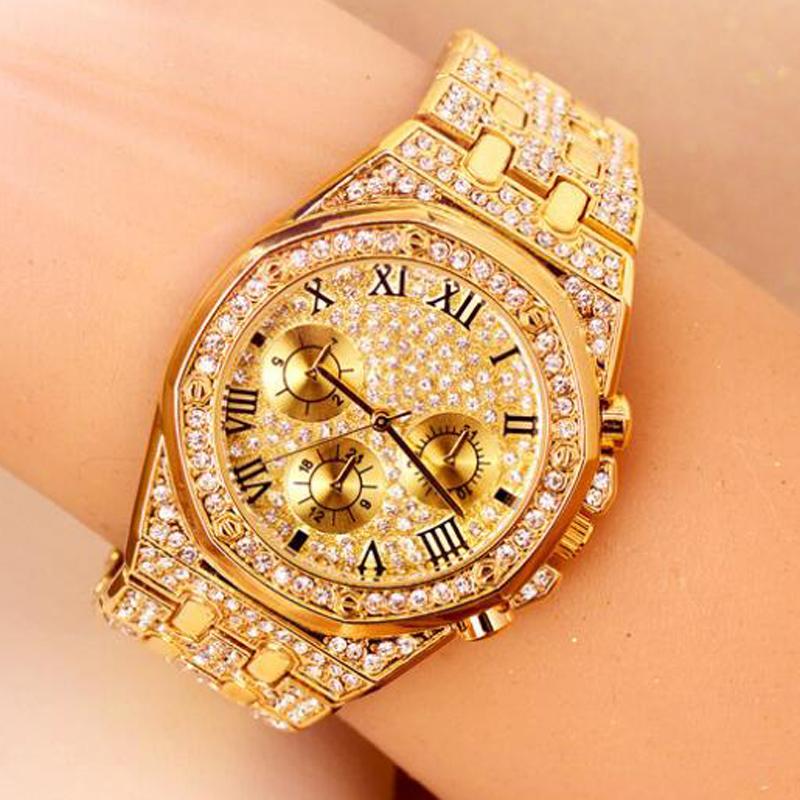 Reloj Hombre Ice Out Watches Luxury Business Yellow Gold Watches Men Full Rhinestone Quartz Wristwatches Male Clock