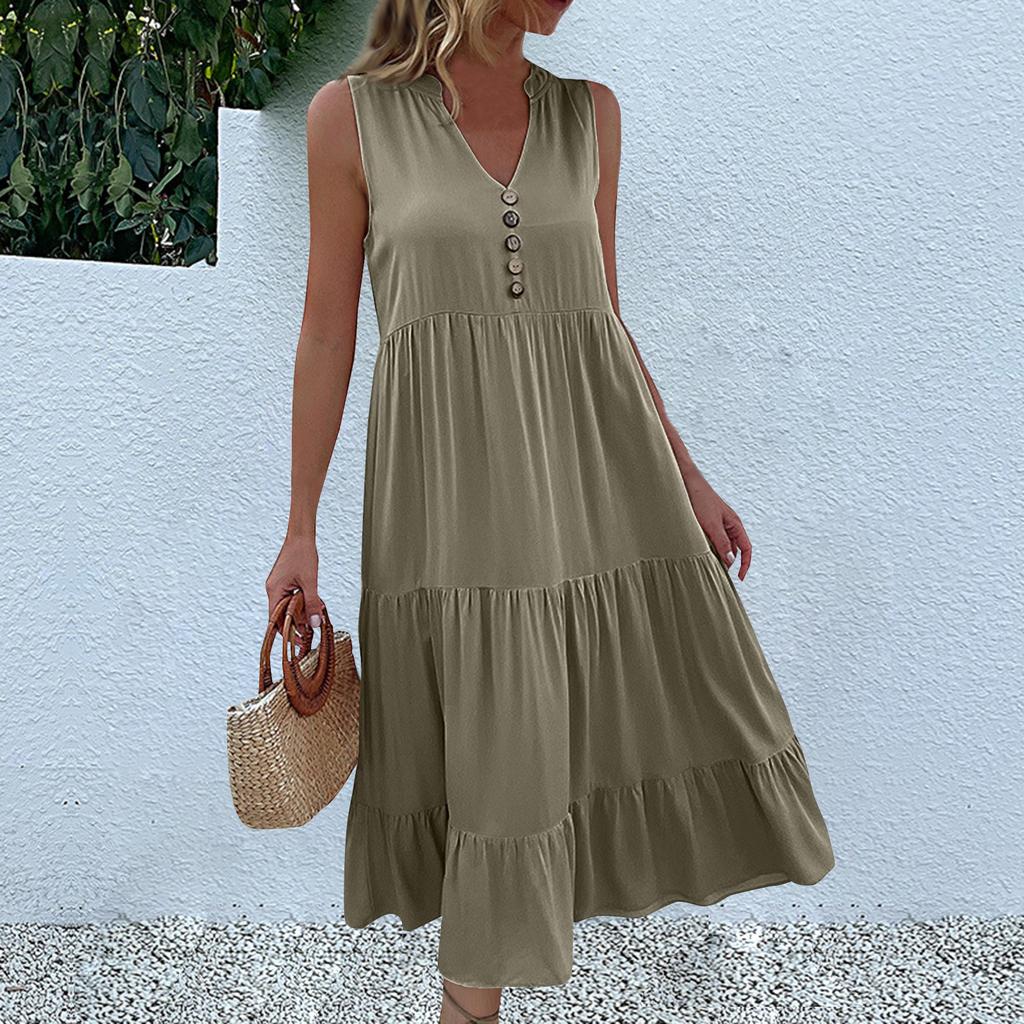 Женская мода без рукавов плиссированные свободные однотонные платья средней длины с v-образным вырезом