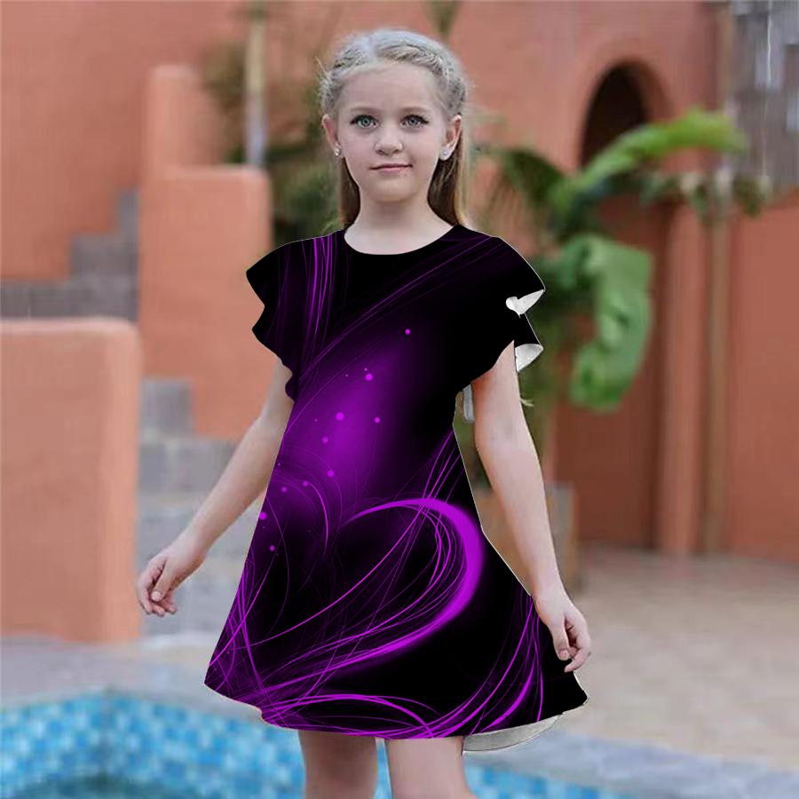 Girls Love Lines Print Dresses Kids Girl Party Dress Loose Fitting Loose Fitting Short Sleeved Skirt For Girls Over Four Years Old