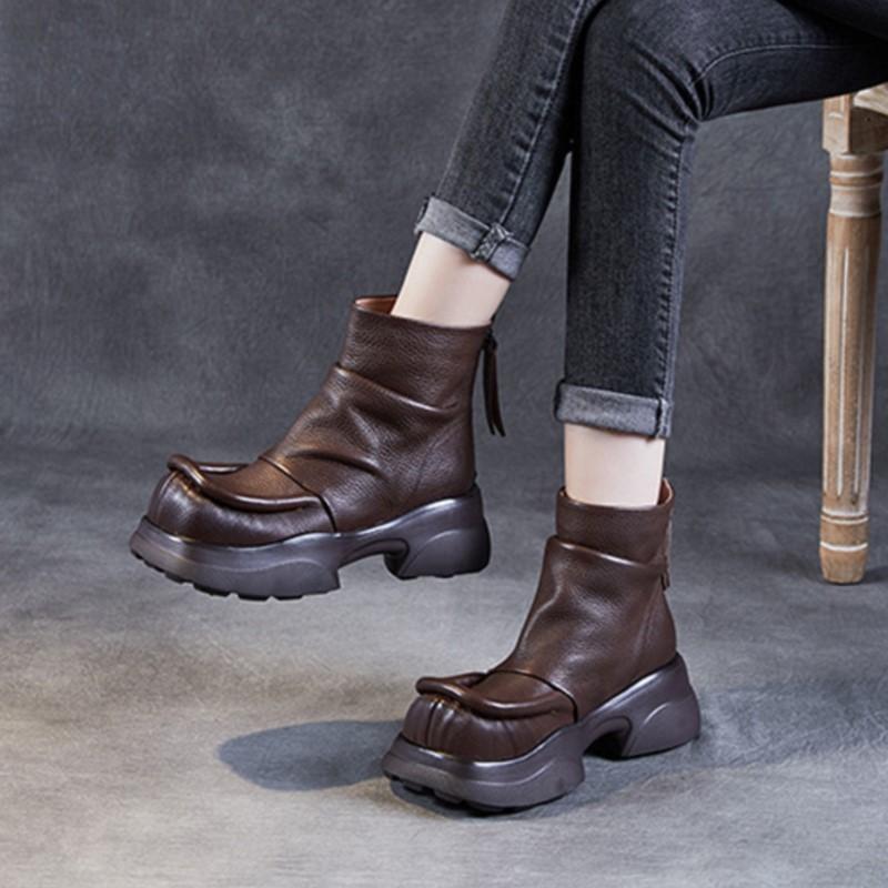 Johnature Короткие ботинки из натуральной кожи на толстом каблуке и толстой подошве, женские туфли на платформе в стиле ретро с круглым носком, ботильоны