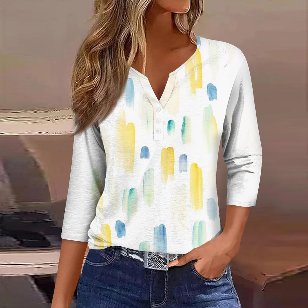 Женская модная повседневная футболка с коротким рукавом и V-образным вырезом, декоративными пуговицами и рукавом три четверти