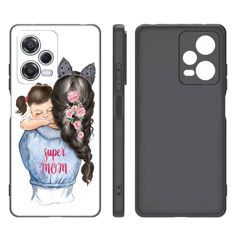 Super Mom Baby Girl Boy Black Silicone Phone Case For Xiaomi Redmi Note 9 10 11 11S 11T 12 13 Pro 5G Plus 9S 10S 12S
