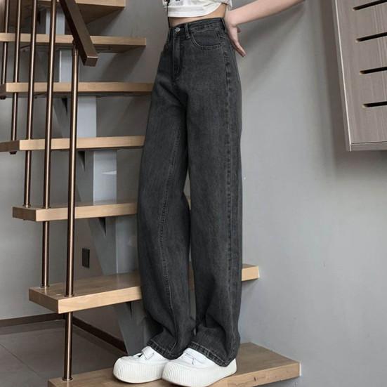 Women's Jeans with High Waist Zipper Closure Vintage Loose with Pockets Trousers Casual Wear Straight Wide Street Long Trousers