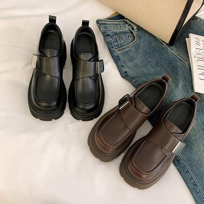 Женские лоферы на платформе, весна и осень, новая кожа, ретро стиль, универсальные коричневые с квадратной пряжкой на липучке, одинарные туфли