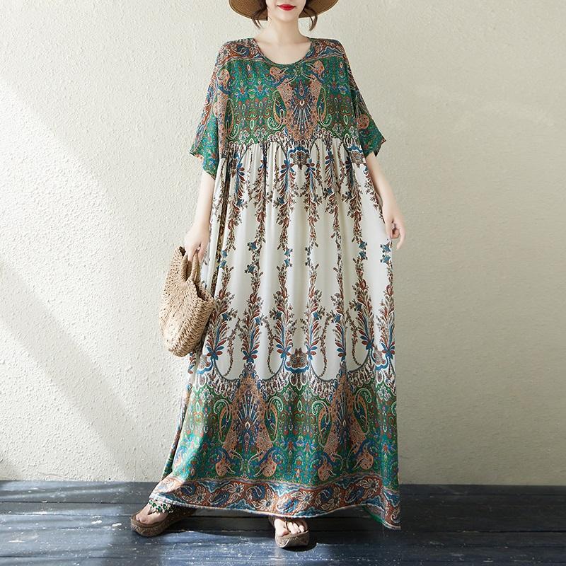 Новое хлопковое винтажное платье с цветочным принтом больших размеров с коротким рукавом для женщин, повседневное свободное длинное летнее платье