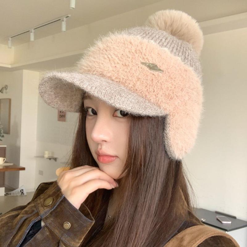 Autumn and winter thickened ear bag rabbit fur baseball bag head hat women's versatile casual ear protection fleece knitted cap