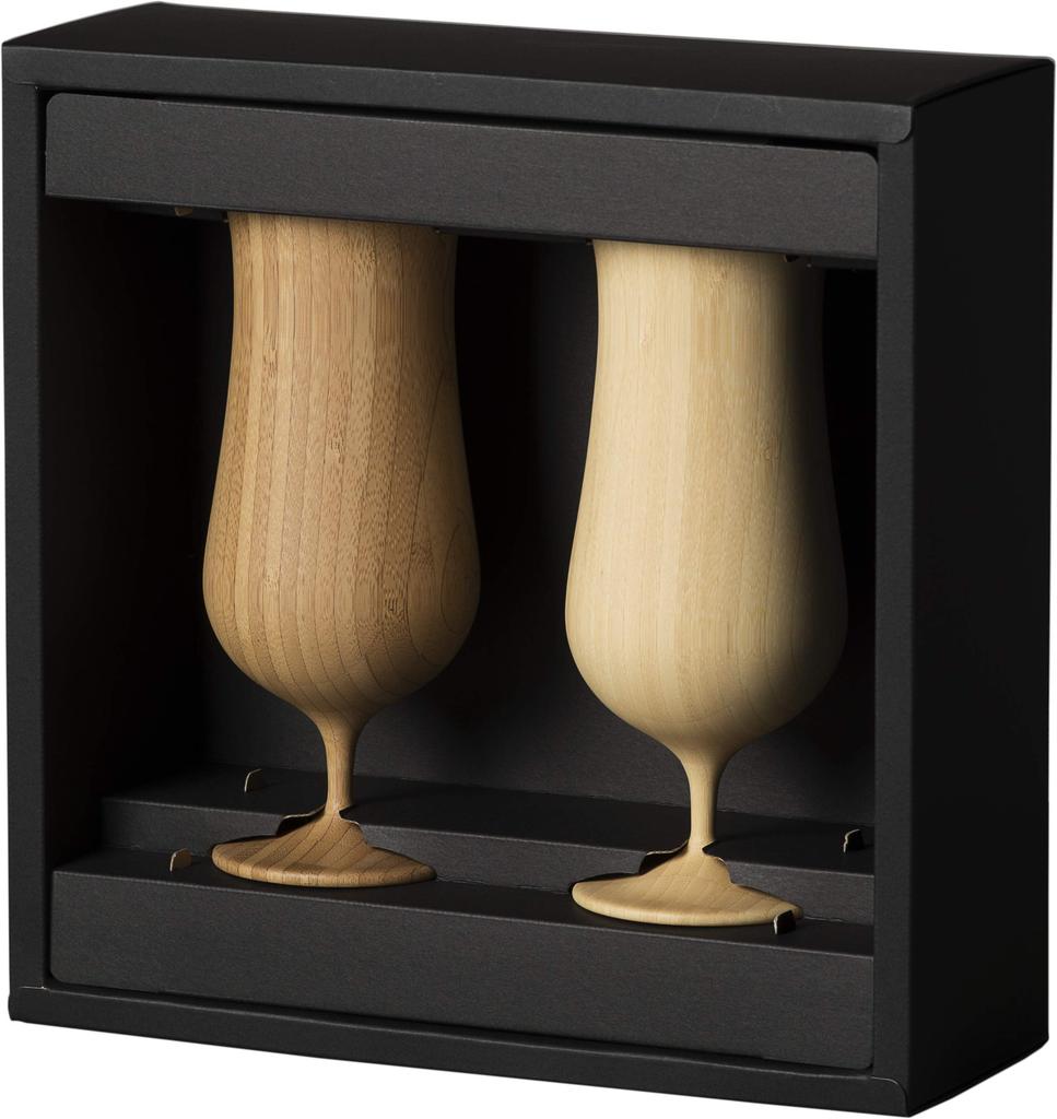 RIVERET Vessel Beer Glasses, 380ml, Pair, Bamboo, Dishwasher Safe, White/Brown, RV-114WB