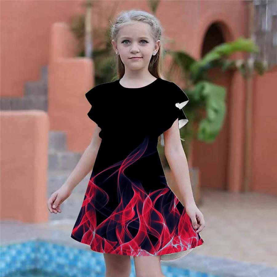 Платья с принтом синего пламени для девочек. Детское праздничное платье для девочек. Свободный крой. Свободная юбка с короткими рукавами для девочек старше четырех лет.