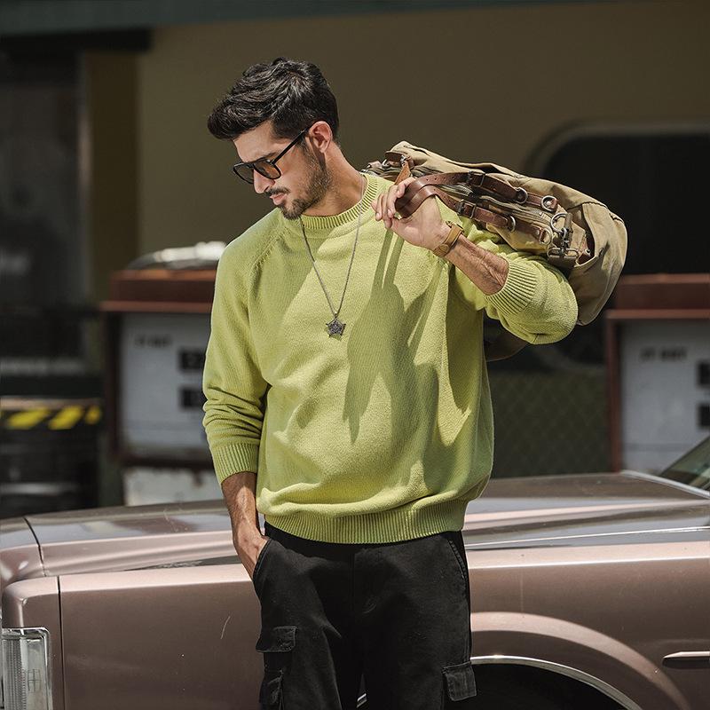 2025 Autumn Men's American Retro Multi-color Raglan Sleeve Round Neck Sweater - Loose Casual Fit