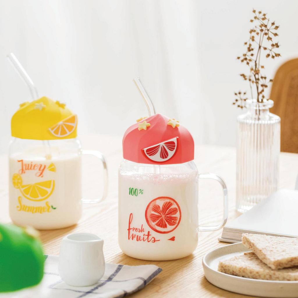 Beautiful Summer Transparent Fruit High Temperature Glass Cup Cute Large Capacity Cover Straw Student Female Milk Breakfast Cup Office