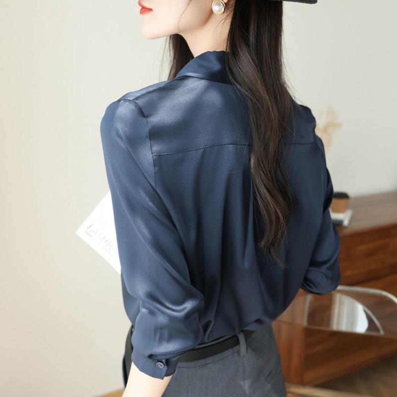 Модная повседневная офисная женская атласная рубашка, свободные топы с длинным рукавом, однотонные женские блузки больших размеров, элегантные винтажные простые женские рубашки на пуговицах 25678