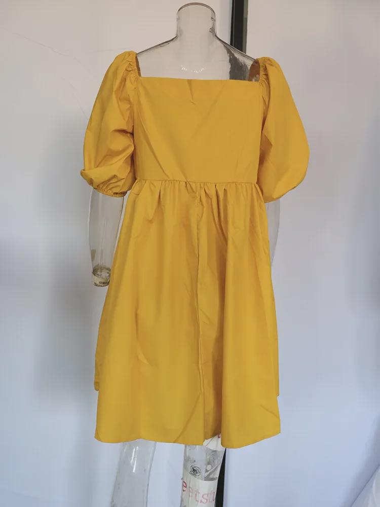 Однотонное мини-платье с рукавами-фонариками: Квадратный вырез на одно плечо в семи весенне-летних цветах