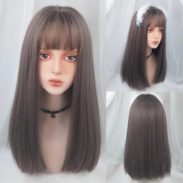 Темно-синий длинный прямой синтетический парик Лолиты для косплея с челкой для женщин, вечерние головные уборы, красные, розовые, светлые волосы