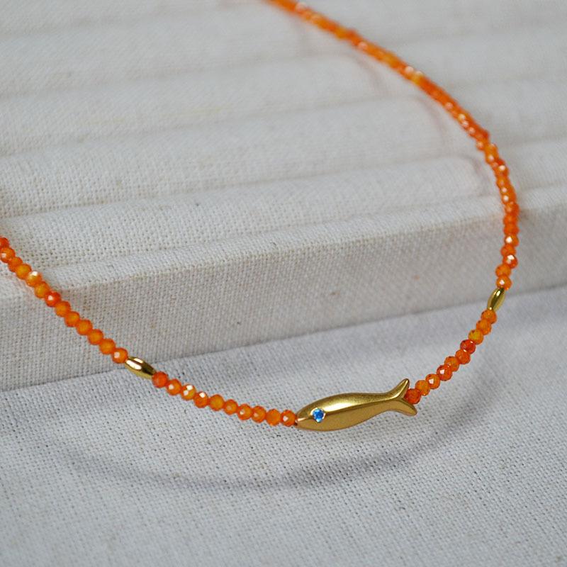 Guochao New Chinese Orange Zircon Beaded Lucky Koi Small Fish Simple Temperament Extremely Fine Necklace Clavicle Chain Female