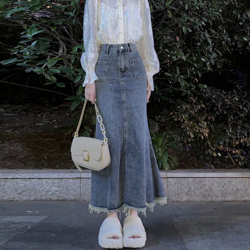 Fishtail Denim Skirt Female Summer Models Pear-shaped Cover Meat High-waisted Thin Package Hip Mid-length Skirt Burlap A-line Half-body Skirt Skirt