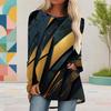 Women Plus Size Round Neck Long Sleeve Abstract Printed Black Teal Gold High Low Hem Loose Shirt