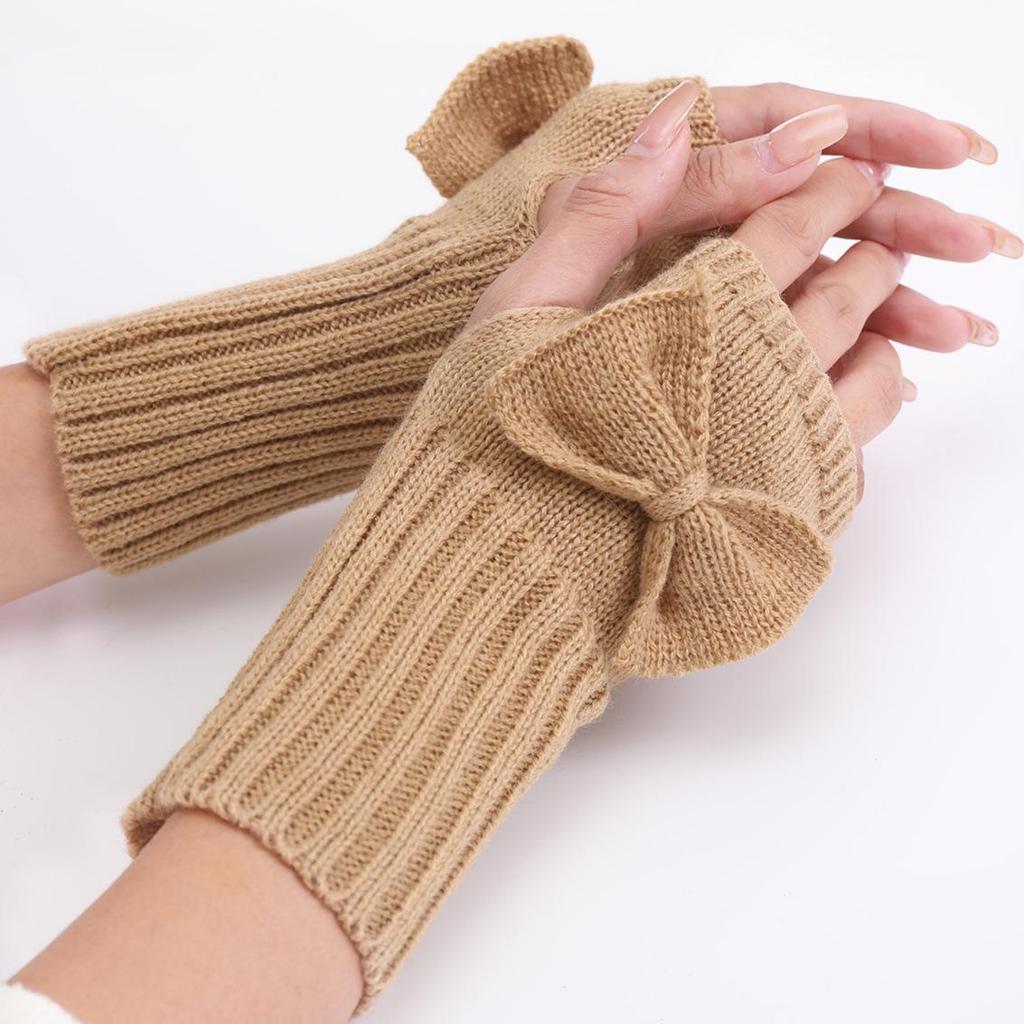 New Autumn and Winter Women's Bow Cute Fashion Gloves Knitted Warm Half Finger Fingerless Gloves